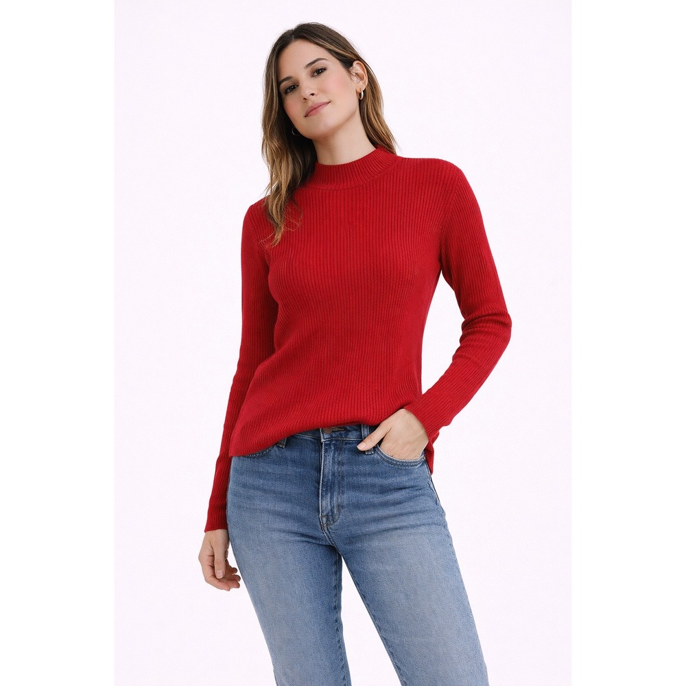 Yarnworks Ribbed Mock Neck Sweater Womens Small Red Long Sleeve‎ Knit Classic